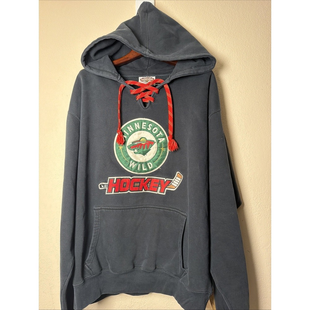 Vintage Y2K Minnesota Wild Hockey Lodge Lace Up Hoodie XL Black NHL Sweatshirt